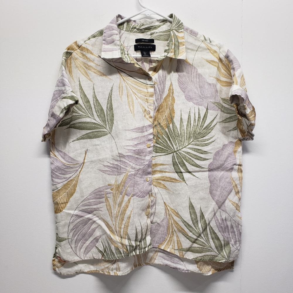 Tahari Tropical Palm Leaf Print Linen Button-Up Shirt Short Sleeve Womens Size L